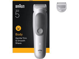 Tondeuse corporelle Braun Series 5. La boîte montre le produit et le texte. Tête de coupe supplémentaire.