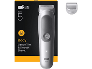 Tondeuse corporelle Braun Series 5. La boîte montre le produit et le texte. Tête de coupe supplémentaire.