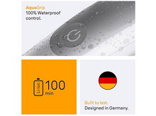 Charger l&#39;image dans la galerie, Rasoir avec gouttelettes d&#39;eau, bouton marche/arrêt, icône de batterie, drapeau allemand. Texte : 100 min, conçu en Allemagne.
