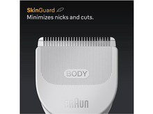 Charger l&#39;image dans la galerie, Gros plan sur une tête de tondeuse corporelle blanche. Texte : SkinGuard, minimise les coupures.
