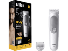 Charger l&#39;image dans la galerie, Emballage Braun Body Groomer Series 5 avec un homme et un rasoir, plus des pièces de rasoir.
