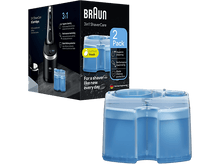 Charger l&#39;image dans la galerie, Boîte et conteneur de recharge Braun 3-en-1 ShaverCare. La boîte contient du texte et des images d&#39;un rasoir et de cartouches.
