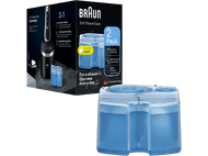 Boîte et conteneur de recharge Braun 3-en-1 ShaverCare. La boîte contient du texte et des images d'un rasoir et de cartouches.