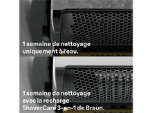 Charger l&#39;image dans la galerie, Gros plan d&#39;une tête de rasoir montrant deux méthodes de nettoyage différentes en français.
