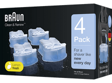 Charger l&#39;image dans la galerie, Boîte de cartouches de nettoyage Braun Clean &amp; Renew. Quatre cartouches bleues dans une boîte. Étiquette &#39;Lemon fresh&#39;.
