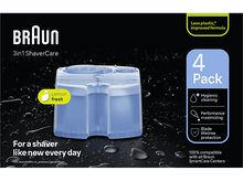 Charger l&#39;image dans la galerie, Braun 3en1 ShaverCare pack de 4, avec une cartouche de nettoyage bleue et étiquette &#39;Lemon fresh&#39;.
