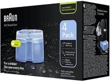 Charger l&#39;image dans la galerie, Braun 3en1 ShaverCare pack de 4, avec cartouche de nettoyage bleue et info &#39;Remplacer tous les 2 mois&#39;.
