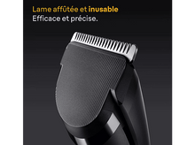 Charger l&#39;image dans la galerie, Gros plan sur une lame de rasoir. Texte : Lame affûtée et durable. Efficace et précise.
