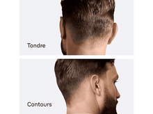 Charger l&#39;image dans la galerie, Deux images de la coupe de cheveux d&#39;un homme. L&#39;une montre le dos, l&#39;autre une vue de côté, étiquetées &#39;Tondre&#39; et &#39;Contours&#39;.
