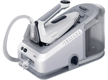 Charger l&#39;image dans la galerie, Fer à vapeur blanc et gris avec une base grise. Le fer a une poignée et un réservoir d&#39;eau.
