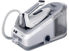 Fer à vapeur blanc et gris avec une base grise. Le fer a une poignée et un réservoir d