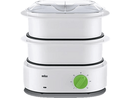 Cuiseur vapeur Braun blanc avec trois niveaux et cadran vert. Le niveau supérieur a un couvercle transparent.