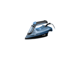 Un fer à repasser Braun Freestyle 3 bleu et noir, avec une poignée noire et un cordon blanc et gris, isolé sur noir.