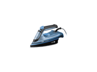 Un fer à repasser Braun Freestyle 3 bleu et noir, avec une poignée noire et un cordon blanc et gris, isolé sur noir.