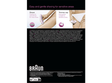 Charger l&#39;image dans la galerie, Une publicité montrant un rasoir Braun Silk-épil Lady Shaver avec des fonctionnalités telles que rasoir, tête de tondeuse.

