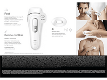 Charger l&#39;image dans la galerie, Produit Braun Silk-expert Pro 1. L&#39;appareil est présenté avec des accessoires. Le texte met en évidence Doux pour la peau et tête de précision.
