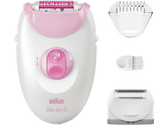 Épilateur Braun Silk-épil 3 avec accessoires. Couleurs rose et blanc. Isolé sur fond blanc.