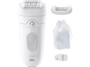 Épilateur blanc avec accessoires: brosse, capuchon et pochette. Marque Braun, modèle Silk-épil 5.