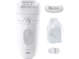 Épilateur blanc avec accessoires: brosse, capuchon et pochette. Marque Braun, modèle Silk-épil 5.