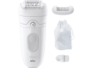 Épilateur blanc avec accessoires: brosse, capuchon et pochette. Marque Braun, modèle Silk-épil 5.