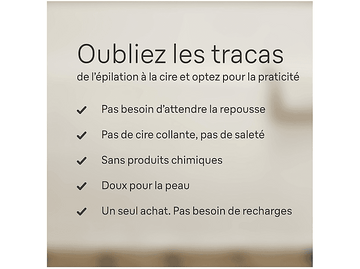 Texte en français sur l'évitement de l'épilation à la cire et le choix de la praticité, avec des coches.