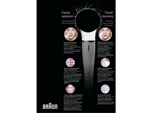 Charger l'image dans la galerie, Une publicité montrant une femme utilisant un appareil de nettoyage et d'épilation du visage Braun. Elle met en évidence les avantages.
