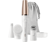 Un kit d'épilation faciale Braun FaceSpa Pro blanc avec plusieurs accessoires et une pochette.