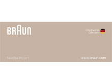 Charger l&#39;image dans la galerie, L&#39;image montre un produit Braun. Texte: Braun, FaceSpa Pro 911, Conçu en Allemagne, et le site Web de Braun.
