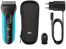Charger l&#39;image dans la galerie, Rasoir Braun S3 avec accessoires : un étui, un chargeur et une brosse.
