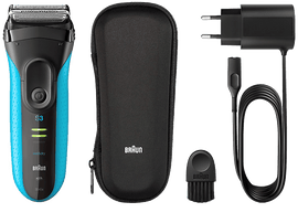Rasoir Braun S3 avec accessoires : un étui, un chargeur et une brosse.