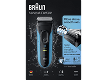 Charger l&#39;image dans la galerie, Rasoir Braun Series 3 ProSkin, humide et sec, avec éclaboussures d&#39;eau et détails du produit.
