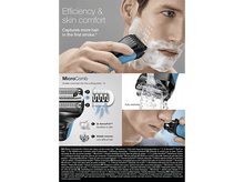 Charger l&#39;image dans la galerie, L&#39;homme se rase avec un rasoir électrique bleu et noir, mousse visible. Texte : Efficacité et confort.
