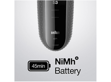 Charger l&#39;image dans la galerie, Un rasoir électrique Braun noir et gris, avec les détails de la batterie et de l&#39;utilisation en texte.
