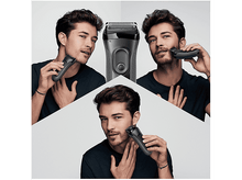 Charger l&#39;image dans la galerie, Les hommes utilisent un rasoir électrique gris. Trois images montrent le rasage.
