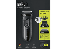 Charger l&#39;image dans la galerie, Produit Braun S3 Shave&amp;Style. Rasoir noir, accessoires et texte sur fond noir.
