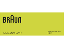 Charger l&#39;image dans la galerie, Rectangle jaune avec le logo Braun, l&#39;adresse du site Web et &#39;Shaver + trimmer head 3000BT&#39;.
