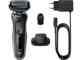 Rasoir électrique noir avec accessoires: brosse, socle et chargeur.