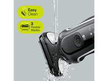 Charger l&#39;image dans la galerie, L&#39;eau coule sur un rasoir électrique noir et blanc. Montre la fonction de nettoyage facile.
