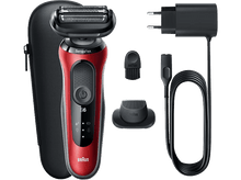 Charger l&#39;image dans la galerie, Rasoir électrique Braun rouge et noir avec accessoires.
