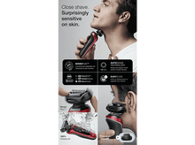 Charger l&#39;image dans la galerie, Homme utilisant un rasoir électrique rouge et noir. Des images rapprochées montrent les caractéristiques.
