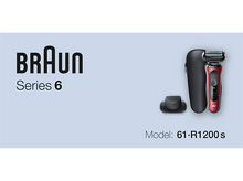 Charger l&#39;image dans la galerie, Rasoir électrique Braun Série 6 et accessoires sur fond bleu clair.
