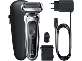 Rasoir électrique Braun Series 7 argenté et noir avec accessoires, dont un câble de chargement et un étui.