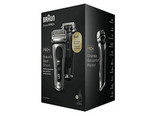 Charger l&#39;image dans la galerie, Boîte avec deux rasoirs Braun Series 9 Pro+ et une station de charge. Comprend du texte et des graphiques.
