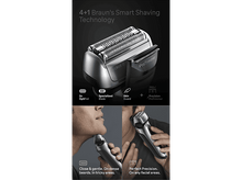 Charger l&#39;image dans la galerie, Un rasoir Braun argenté avec ProTrimmer, des images démontrant le rasage sur le visage et le cou, et du texte.
