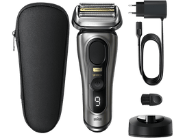 Rasoir électrique Braun Series 9 Pro avec accessoires, sur fond noir.