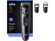 Charger l&#39;image dans la galerie, Tondeuse à barbe Braun noire avec molette de réglage et accessoires, boîte sur le côté gauche.
