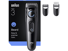 Tondeuse à barbe Braun noire avec molette de réglage et accessoires, boîte sur le côté gauche.