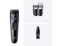 Charger l&#39;image dans la galerie, Tondeuse à barbe Braun BT3 noire avec accessoires, dont des peignes et une brosse de nettoyage.
