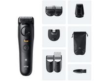 Charger l&#39;image dans la galerie, Une tondeuse à barbe Braun BT5 noire et des accessoires, dont des peignes et une pochette.
