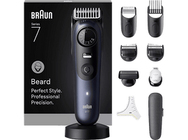 Tondeuse à barbe Braun Series 7 avec accessoires sur fond noir. Photo du produit.